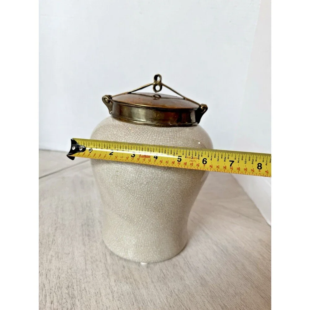 Vintage 1980s Tozai Faux Shagreen Crackle Porcelain & Bronze Ginger Jar Urn